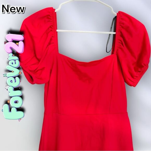New NWT Forever 21 Red Puffer sleeve Flowy Mini Dress - Small - Picture 3 of 5